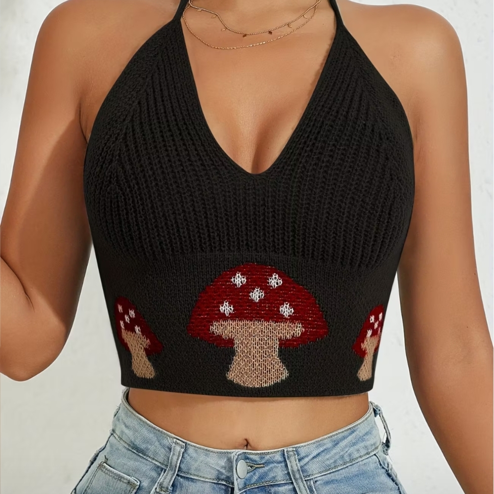 ROMWE Black Knit Halter Crop Top with Red Mushroom Design